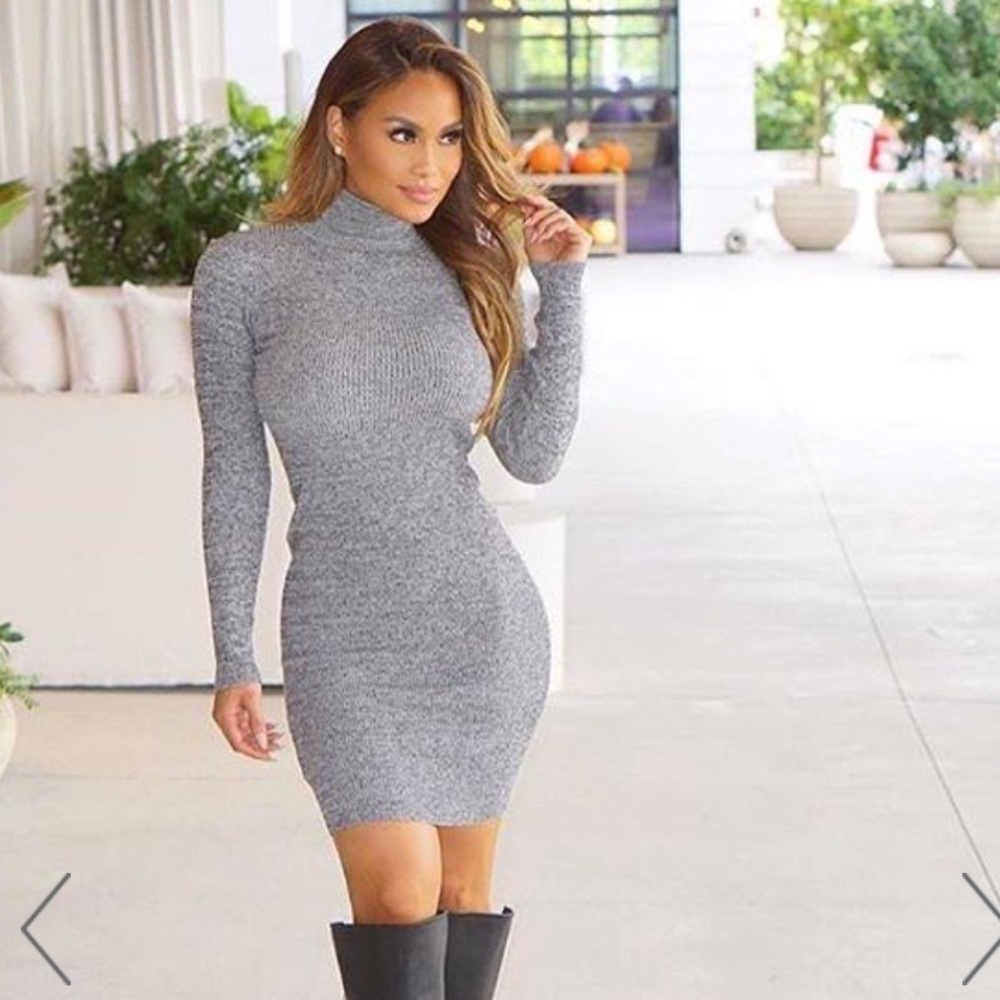 Hot Miami Styles Gray Ribbed Turtleneck Dress